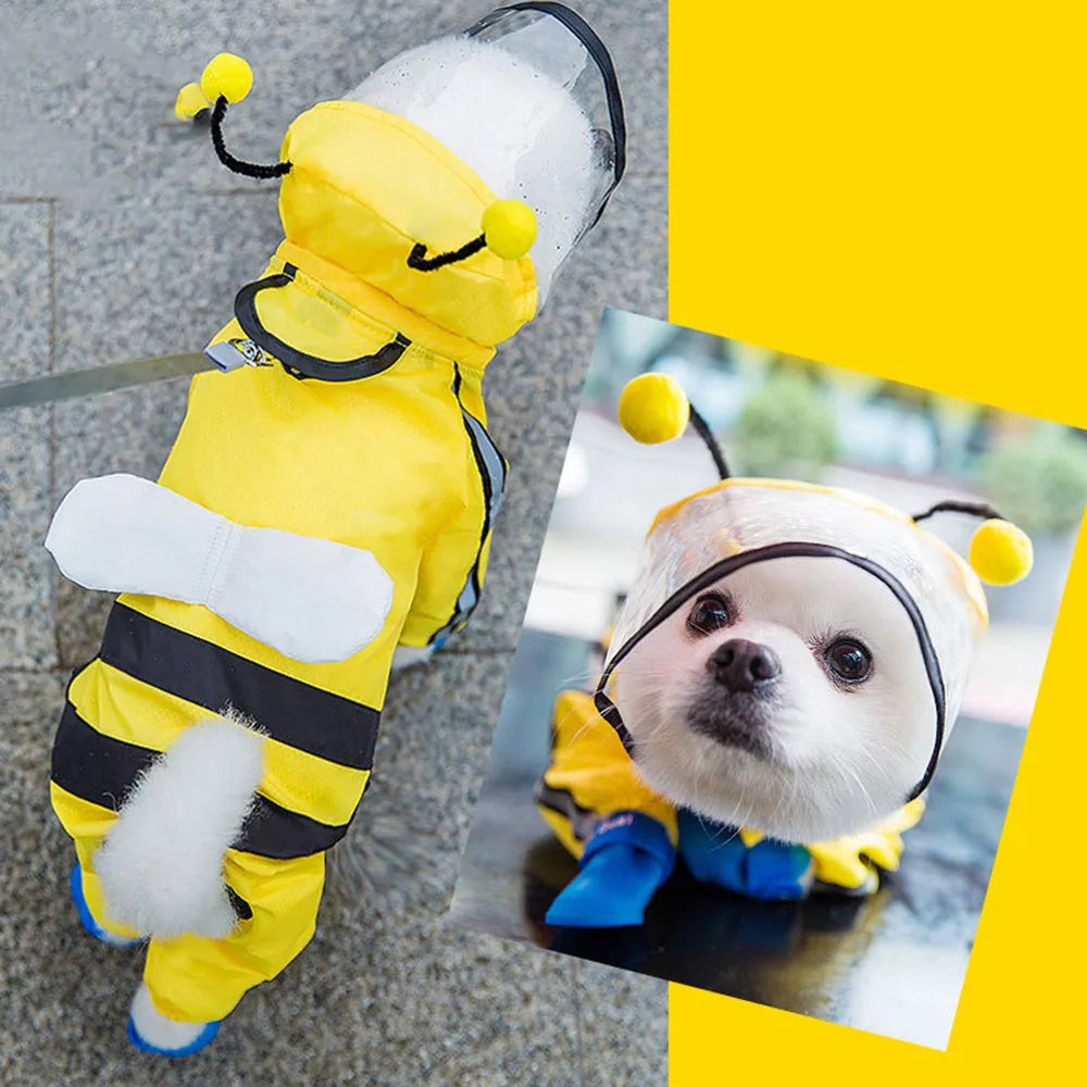 Cute Bear Shape Dog Raincoat With Hat And Reflective Strips