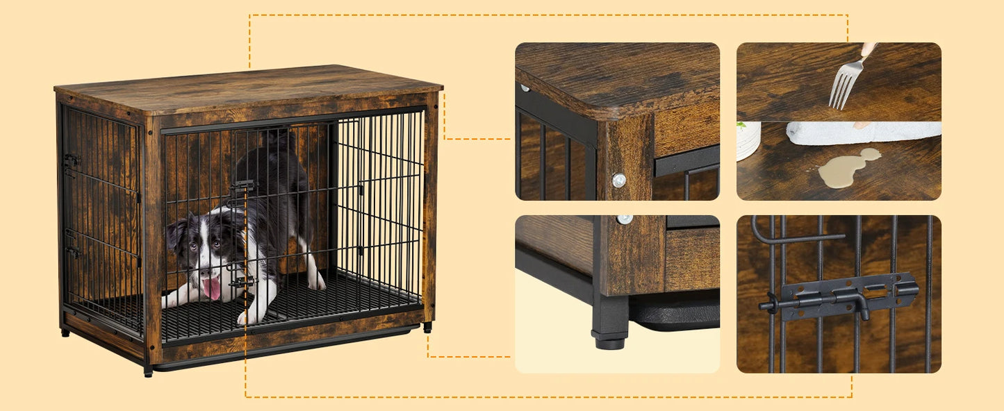 BORWART Elevated Wooden Dog Crate End Table With Double Door Removable Tray