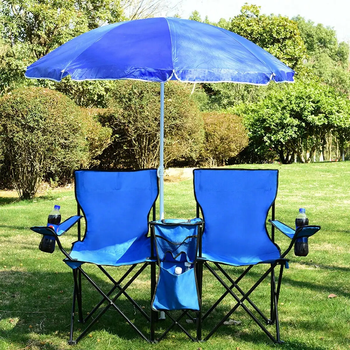 Folding Picnic Double Chair With Umbrella Table Cooler