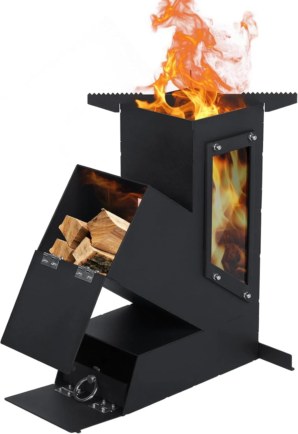 Portable Rocket Stove Glass Door Wood Burning Camp Grill