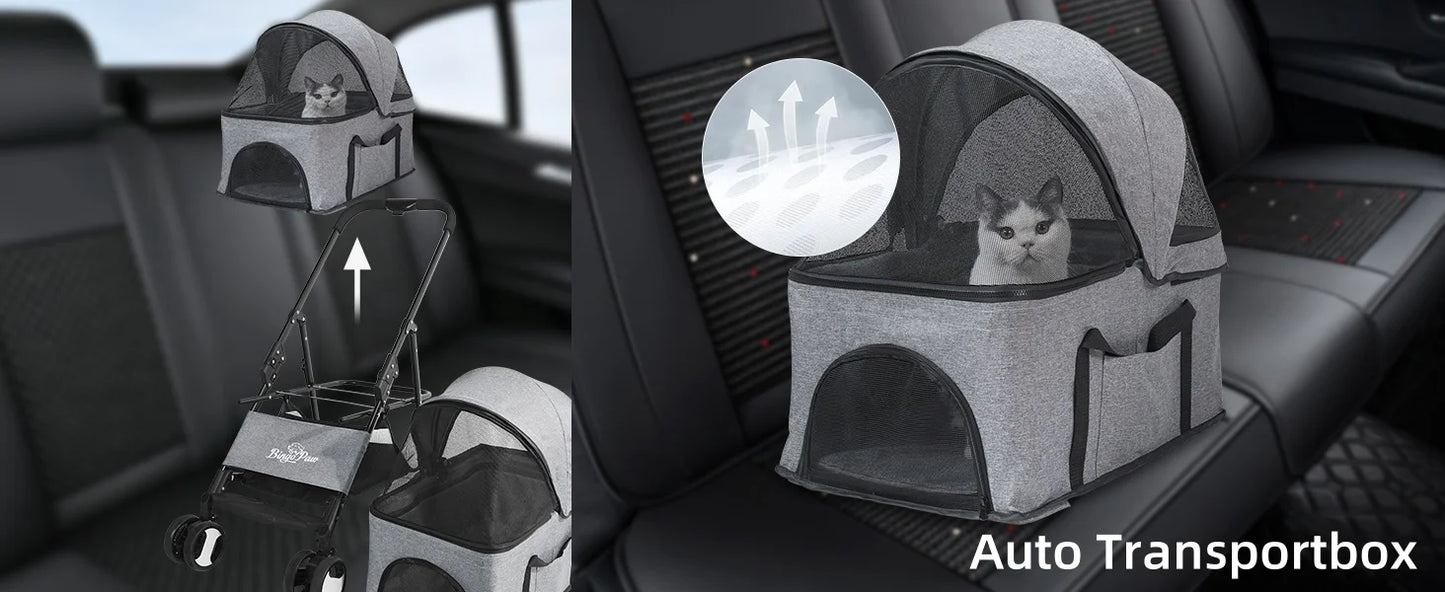 Foldable Pet Dog Stroller Carrier With 4 Wheels Rain Cover
