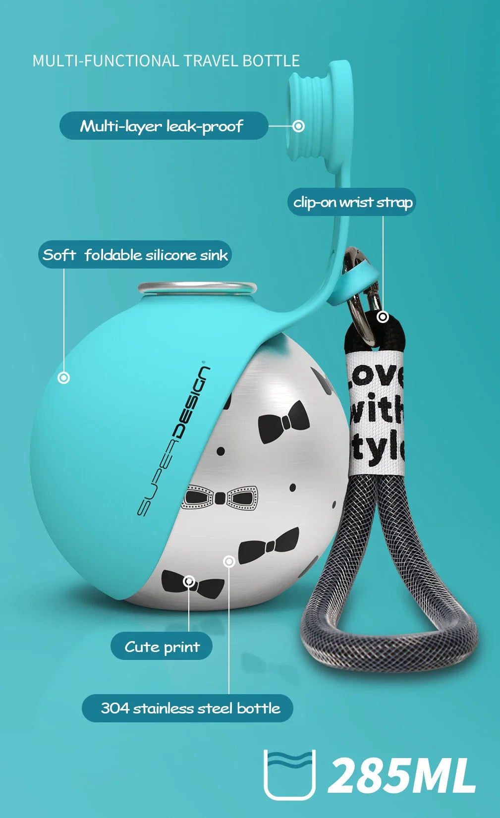 Portable Outdoor Pet Water Bottle With Bowl Stainless Steel 304
