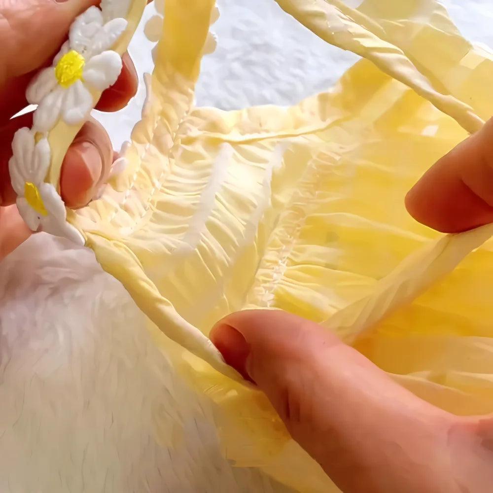 Pretty Small Cat Dress Summer Cute Small Dog Skirt Thin Yellow Floral Wreath Collar Mini Puppy Princess Dress Breathe Cat Skirt