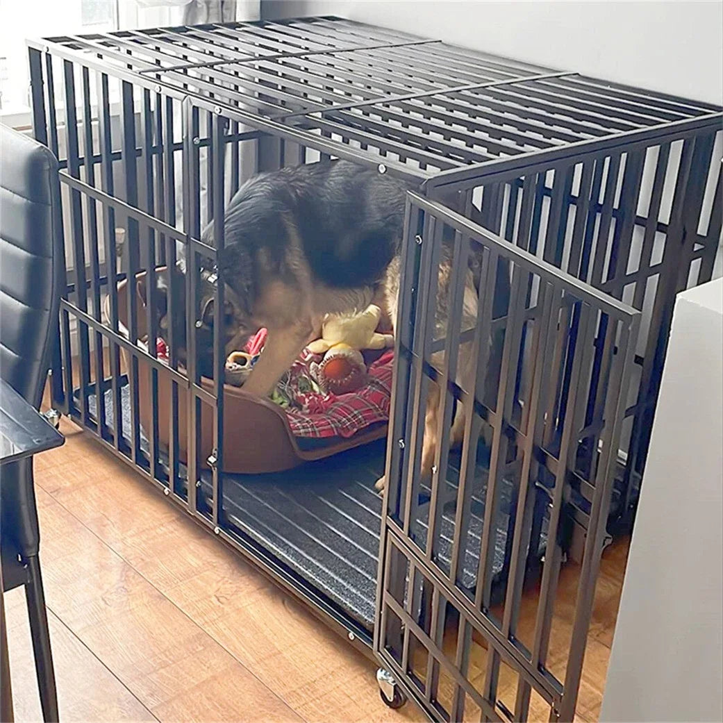 BINGOPAW Heavy Duty Metal Dog Crate With 3 Doors Wheels