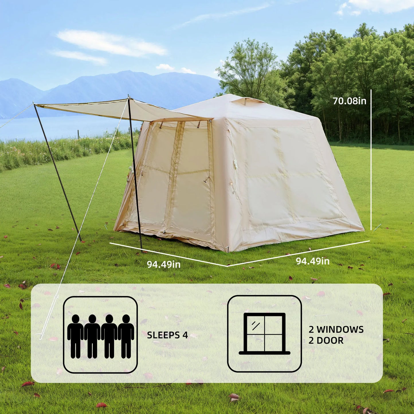 Inflatable Camping Tent 3-4 Person All Weather With Quick Setup