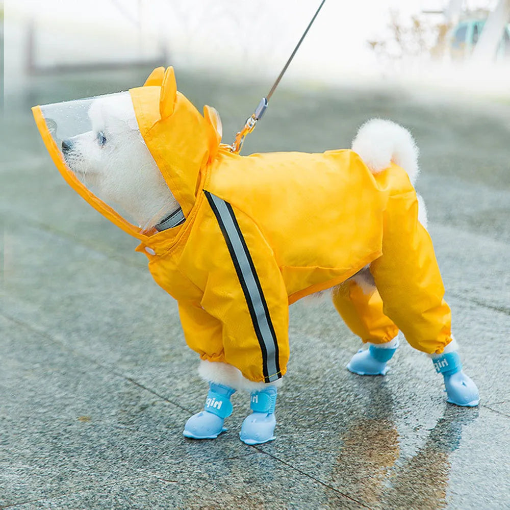 Cute Bear Shape Dog Raincoat With Hat And Reflective Strips