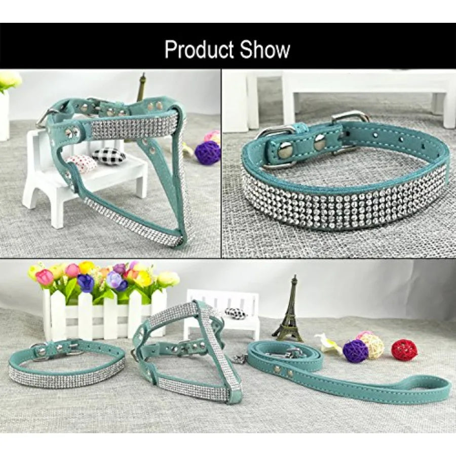 Dog Collar Harness And Leash Set Diamante Fashion Soft Comfort