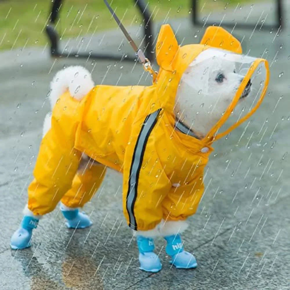 Cute Bear Shape Dog Raincoat With Hat And Reflective Strips