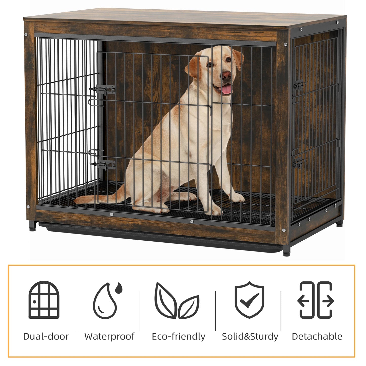 BINGOPAW Wooden Metal Dog Crate End Table With Two Doors
