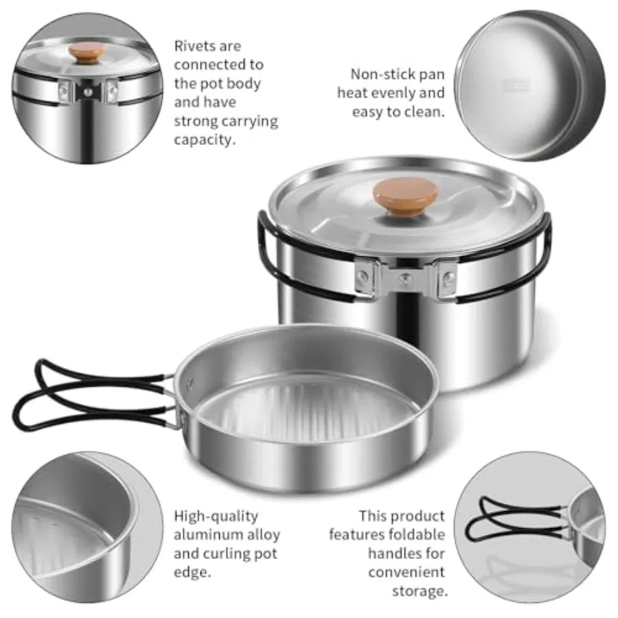 11 Piece Camping Cookware Set Stainless Steel Nonstick Pots Pans Bowls