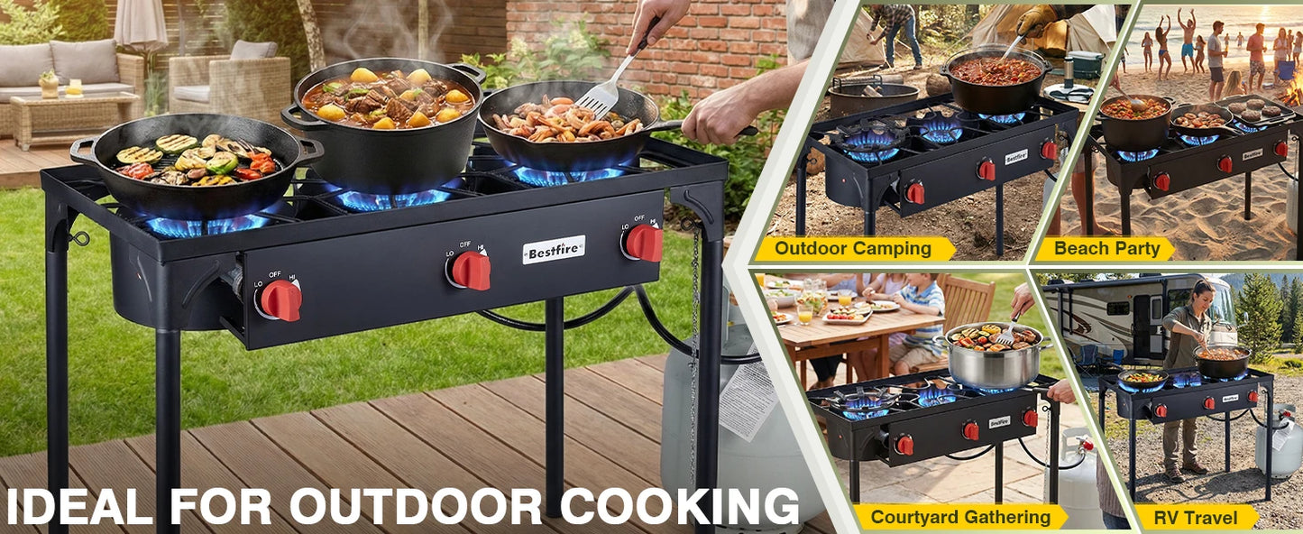 3 Burner Propane Camping Stove With Adjustable Regulator