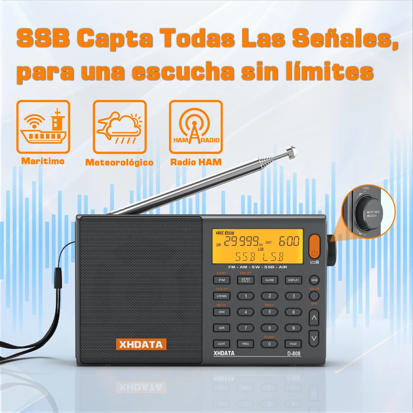 XHDATA D808 Portable Multiband Radio AM FM SW MW SSB