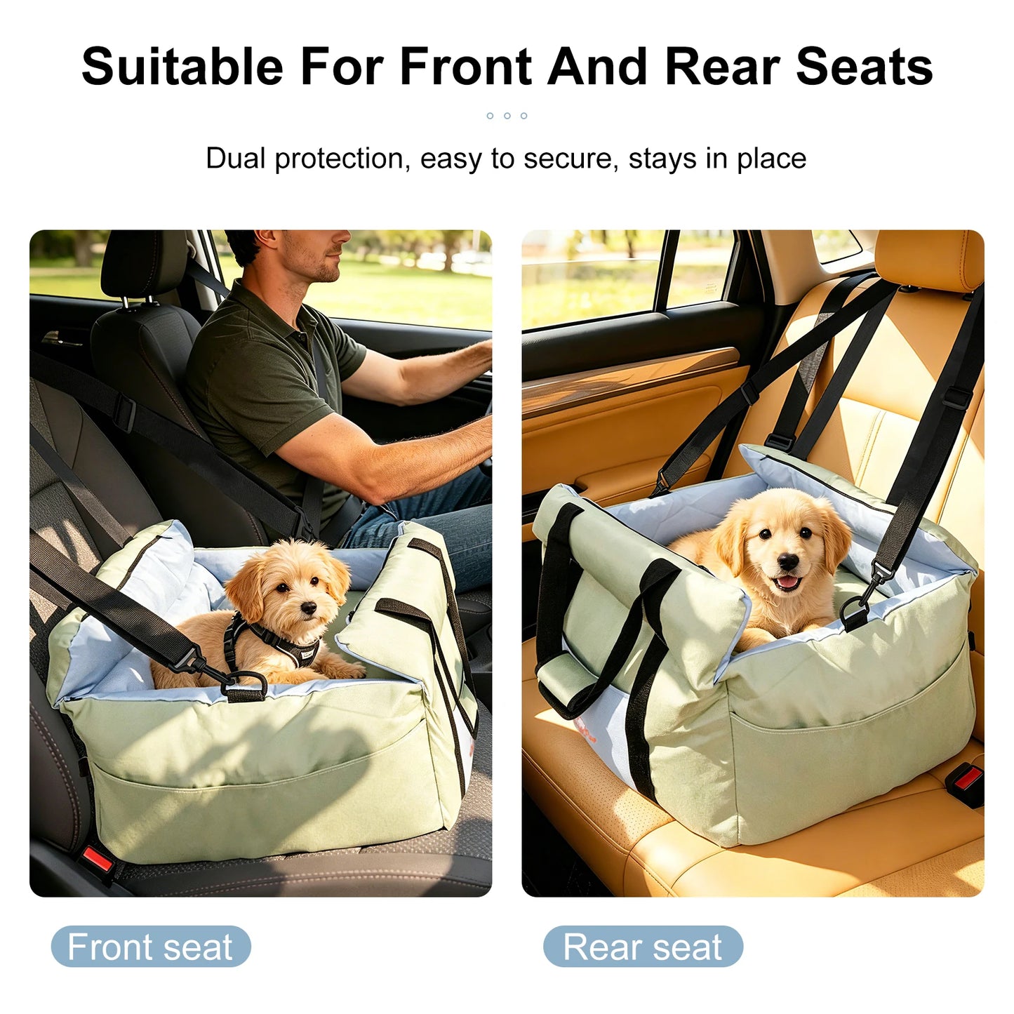 Portable Dog Car Seat Pet Dog Booster Seat Puppy Travel Carrier Bed with Safety Belt Storage Pocket Removable Washable Cover