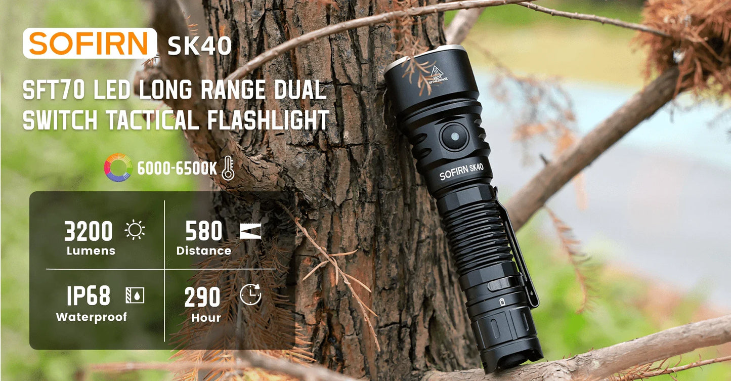 Sofirn SK40 SFT70 LED Flashlight 3200LM 580m Long-Range Spotlight Rechargeable