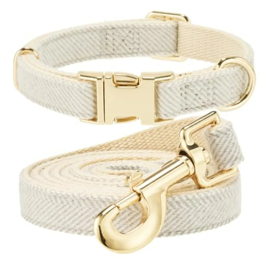 Soft Cotton Tweed Dog Collar And Leash Set Gold Buckle