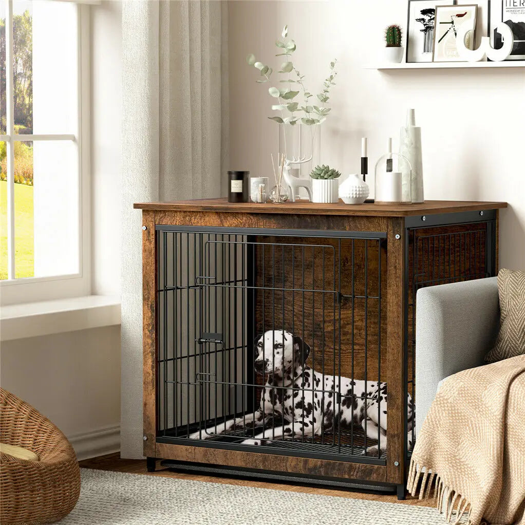 BINGOPAW Wooden Metal Dog Crate End Table With Two Doors