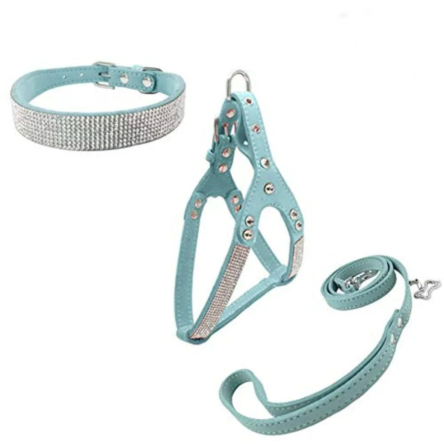 Dog Collar Harness And Leash Set Diamante Fashion Soft Comfort