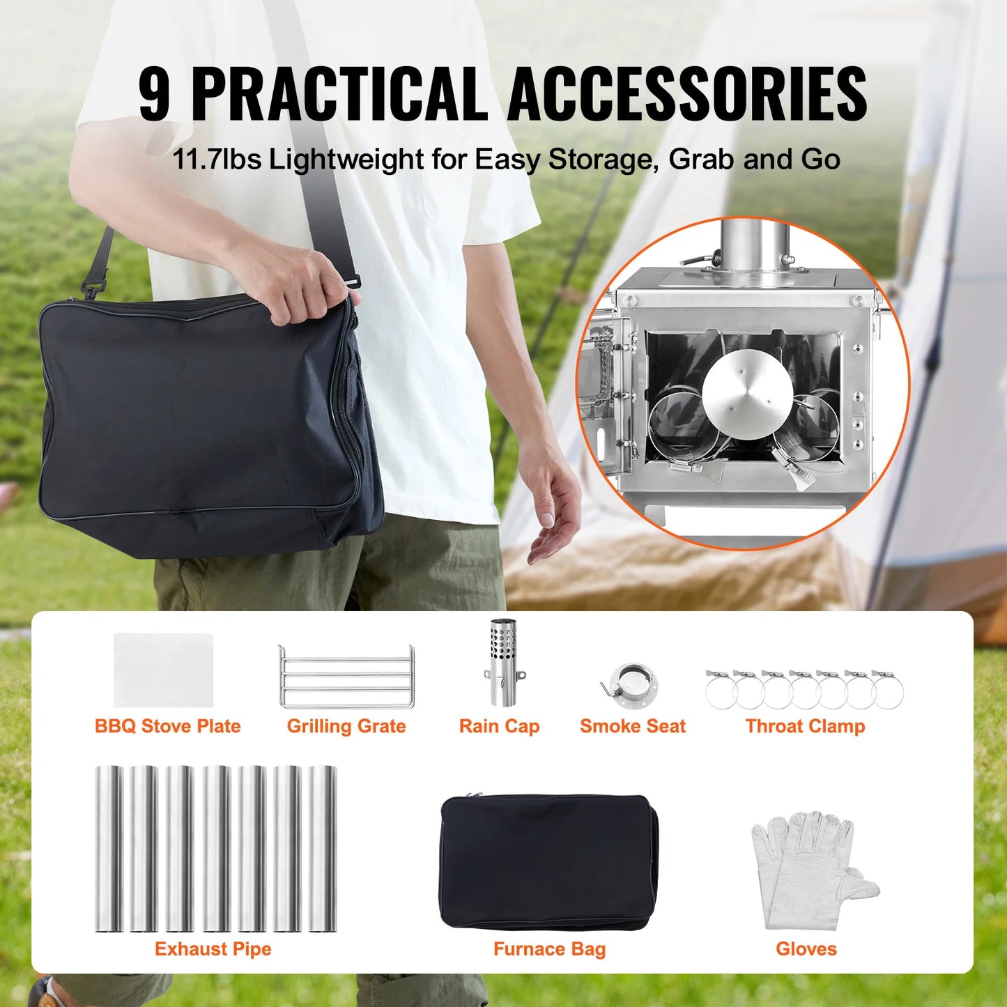 SucceBuy Wood Stove 80 in Stainless Steel Camping Tent Stove Portable Burning Stove with Chimney Pipes & Gloves 700in³Firebox