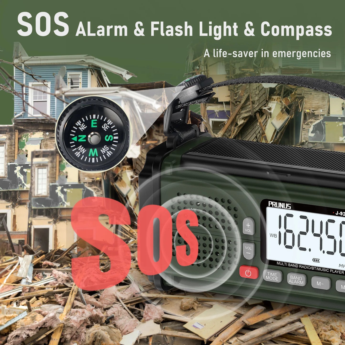 PRUNUS 924 Hand Crank Radio 10000mAh Solar NOAA AM FM SW Power Bank