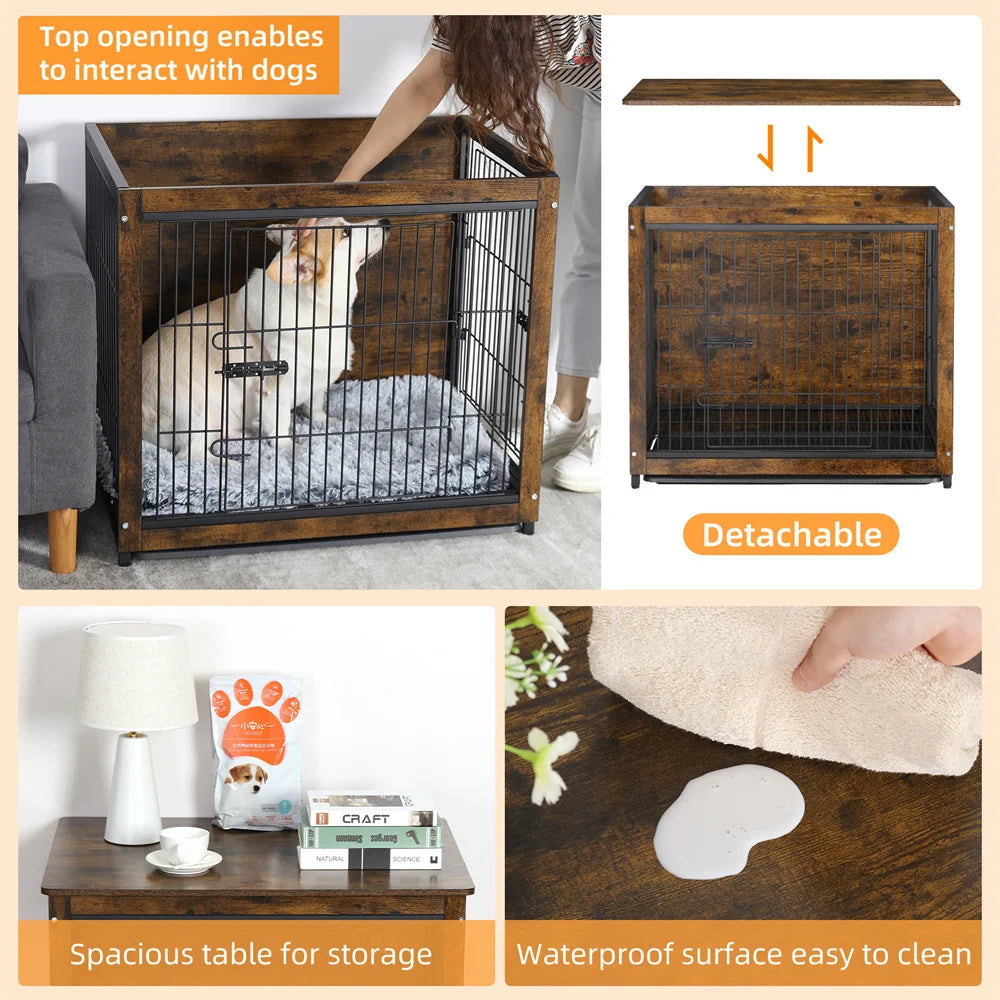 BORWART Elevated Wooden Dog Crate End Table With Double Door Removable Tray