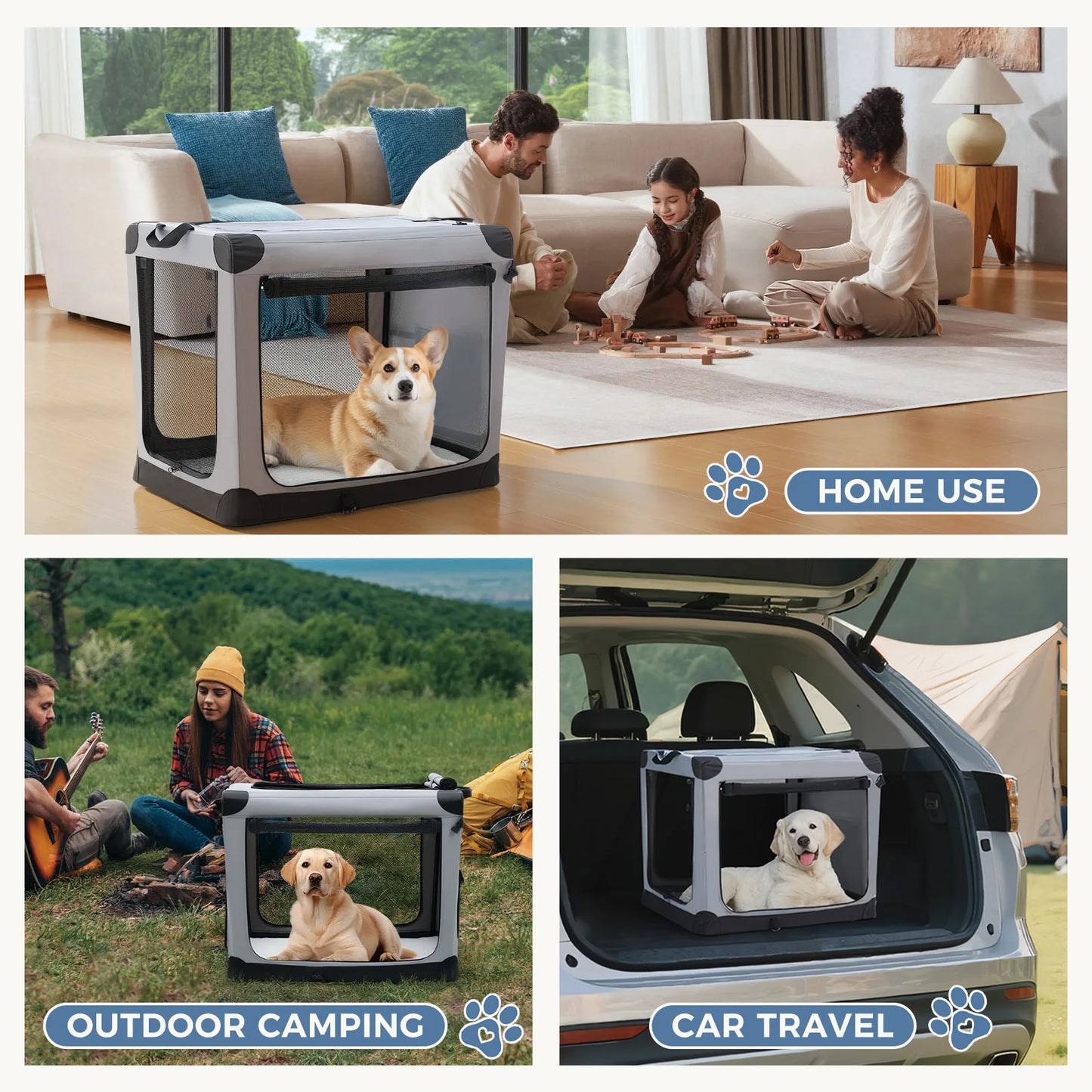 JHK Foldable Oxford Dog Crate With Three Doors Portable Kennel