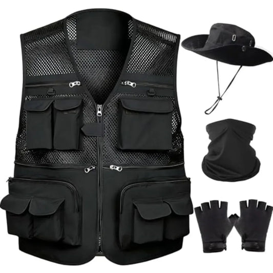 HUNTURE Fishing Vest With Hat Gloves Neck Gaiter For Men