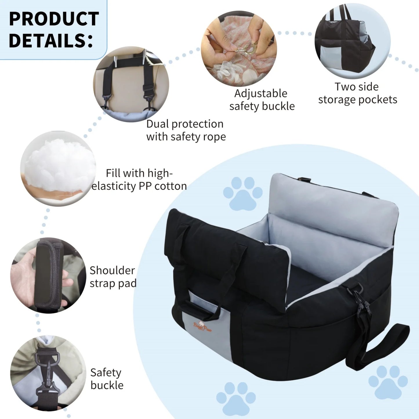 BINGOPAW Dog Car Seat For Small Dogs Washable Booster Carrier With Safety Belt