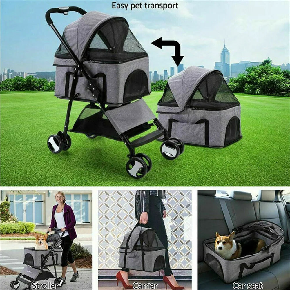 Foldable Pet Dog Stroller Carrier With 4 Wheels Rain Cover