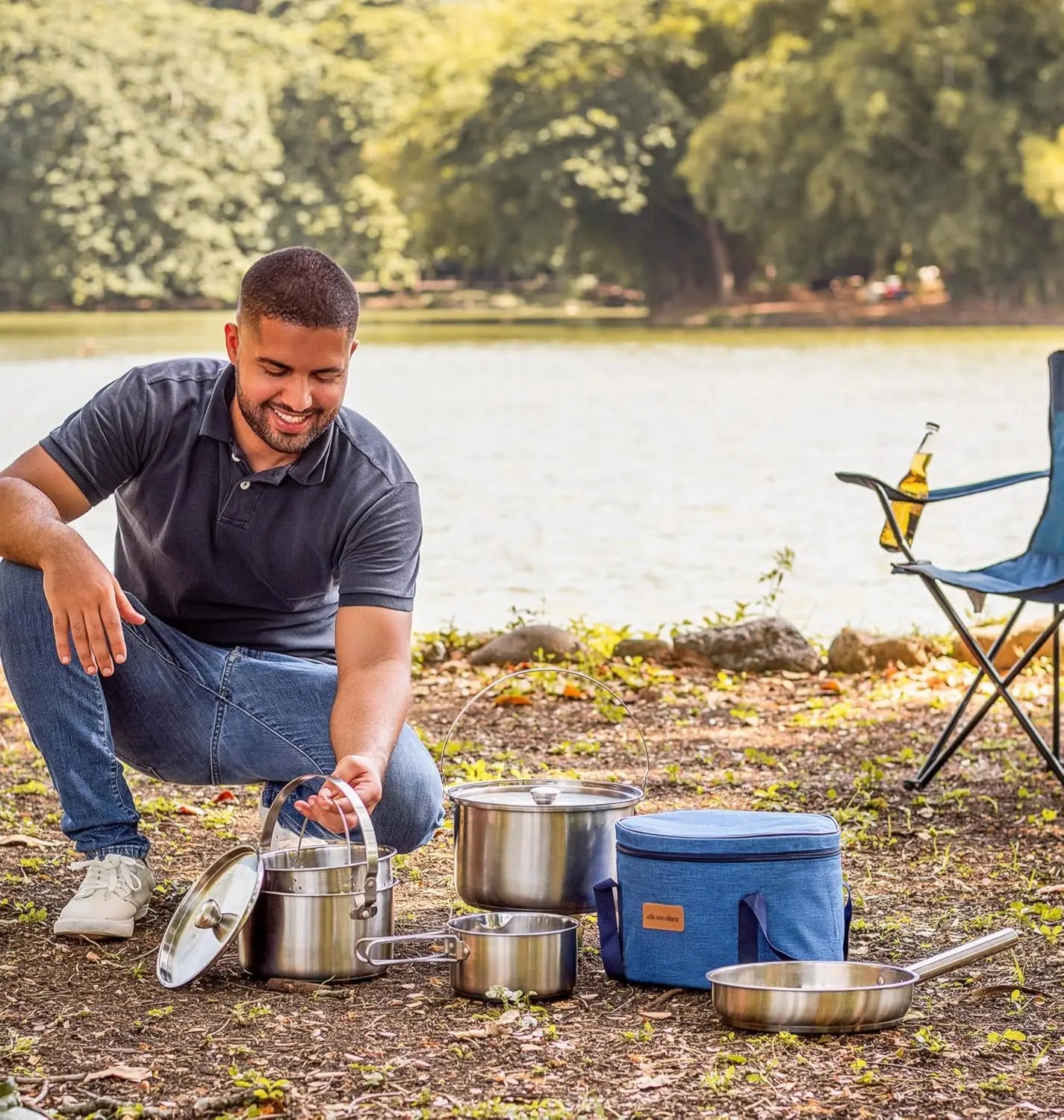 304 Stainless Steel 8 Piece Camping Cookware Set Frying Pan