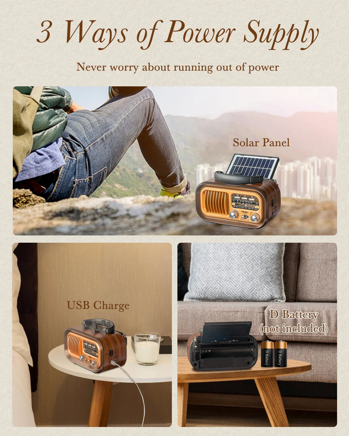 PRUNUS J-150 Retro Bluetooth Radio AM FM Portable Solar Battery