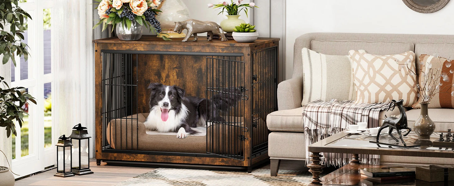 BORWART Elevated Wooden Dog Crate End Table With Double Door Removable Tray
