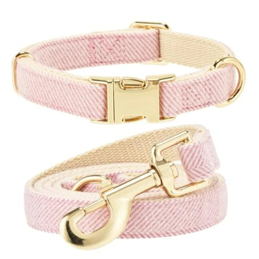 Soft Cotton Tweed Dog Collar And Leash Set Gold Buckle