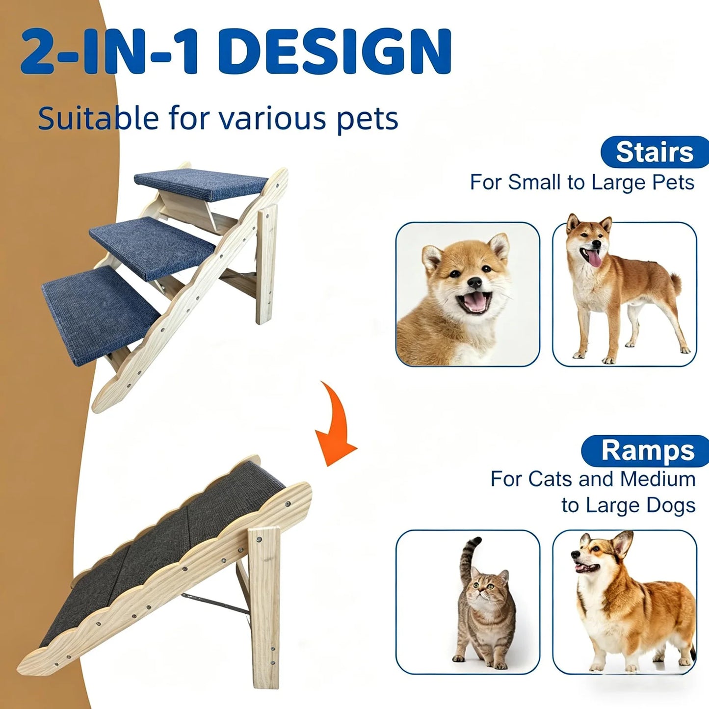 DishyKooker 2in1 Wooden Pet Stairs Folding Ramp For Dogs Cats