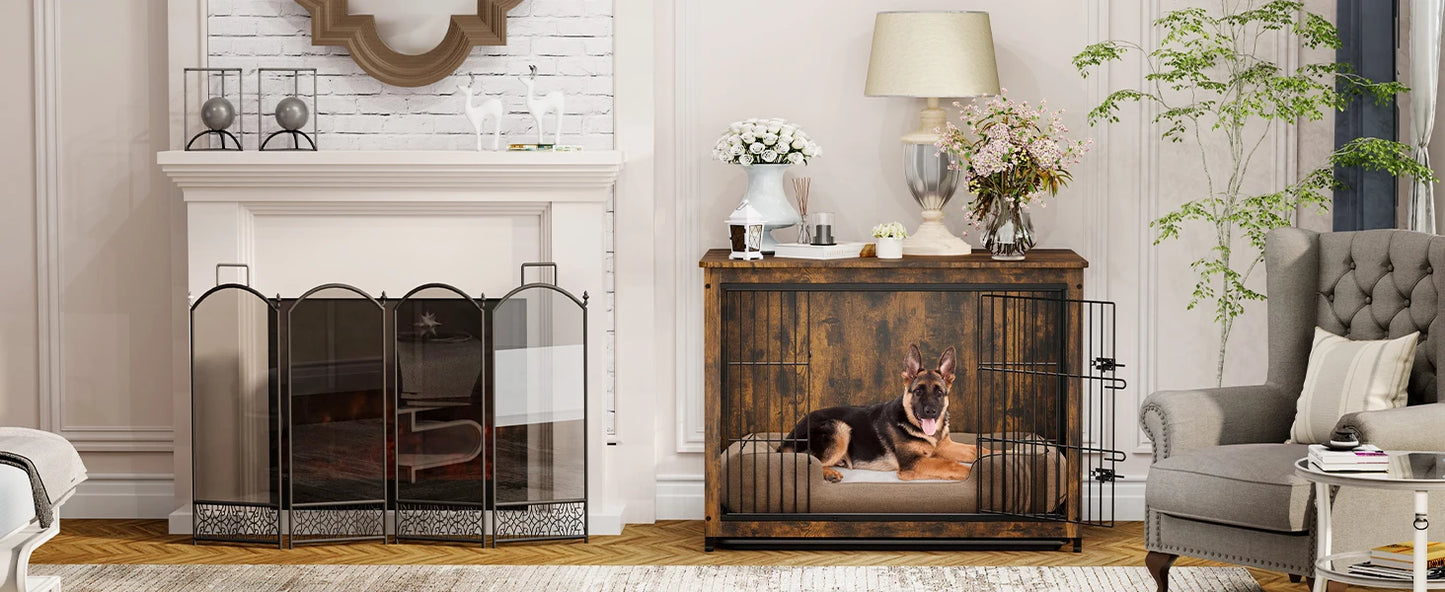 BORWART Elevated Wooden Dog Crate End Table With Double Door Removable Tray