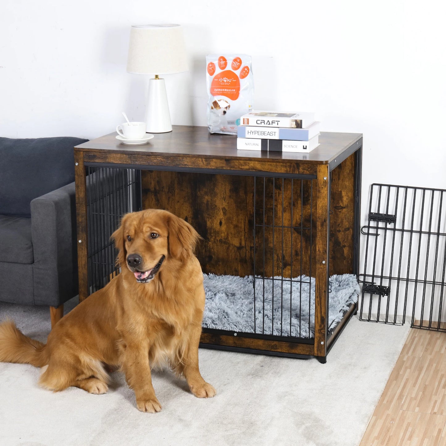 BINGOPAW Wooden Metal Dog Crate End Table With Two Doors