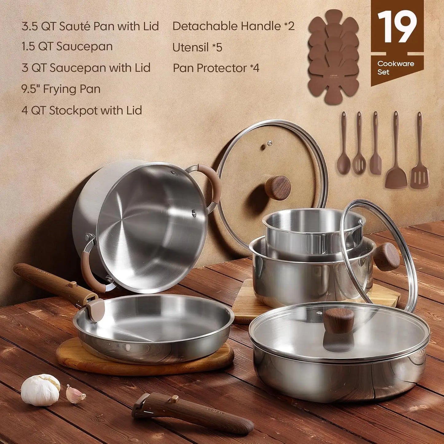Stainless Steel 19pc Cookware Set With Detachable Handle Induction Compatible