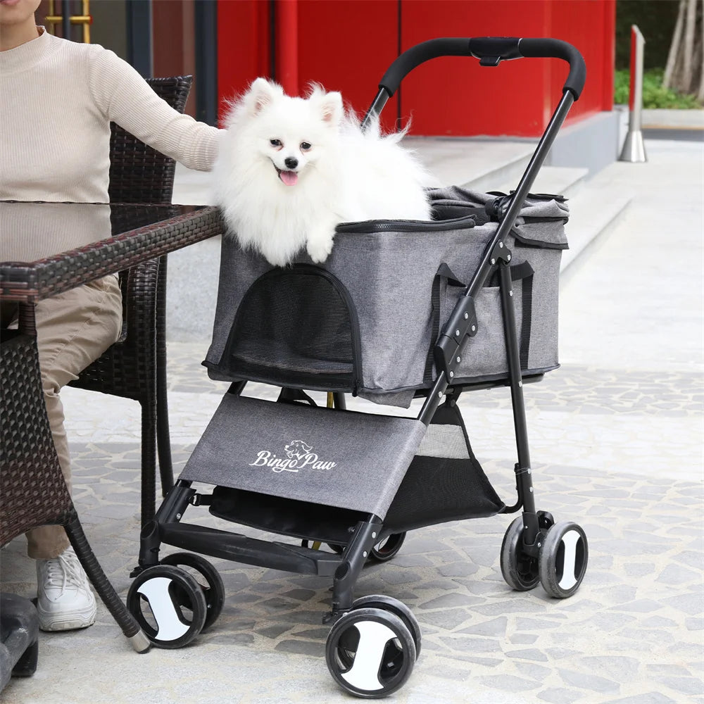 Foldable Pet Dog Stroller Carrier With 4 Wheels Rain Cover