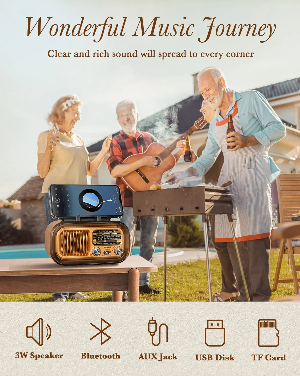 PRUNUS J-150 Retro Bluetooth Radio AM FM Portable Solar Battery