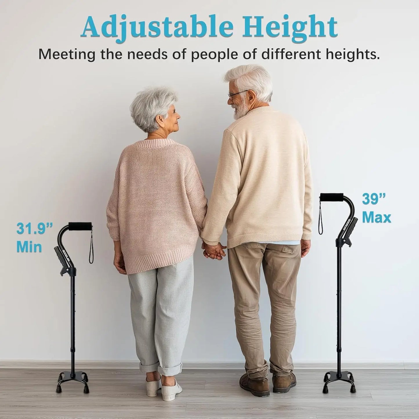 Quad Foldable Walking Cane With 4 Prong Base Adjustable Lightweight