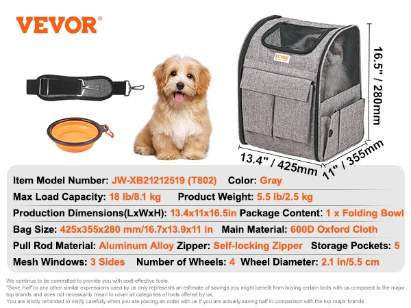 Pet Carrier Backpack With Wheels And Telescopic Handle For Travel