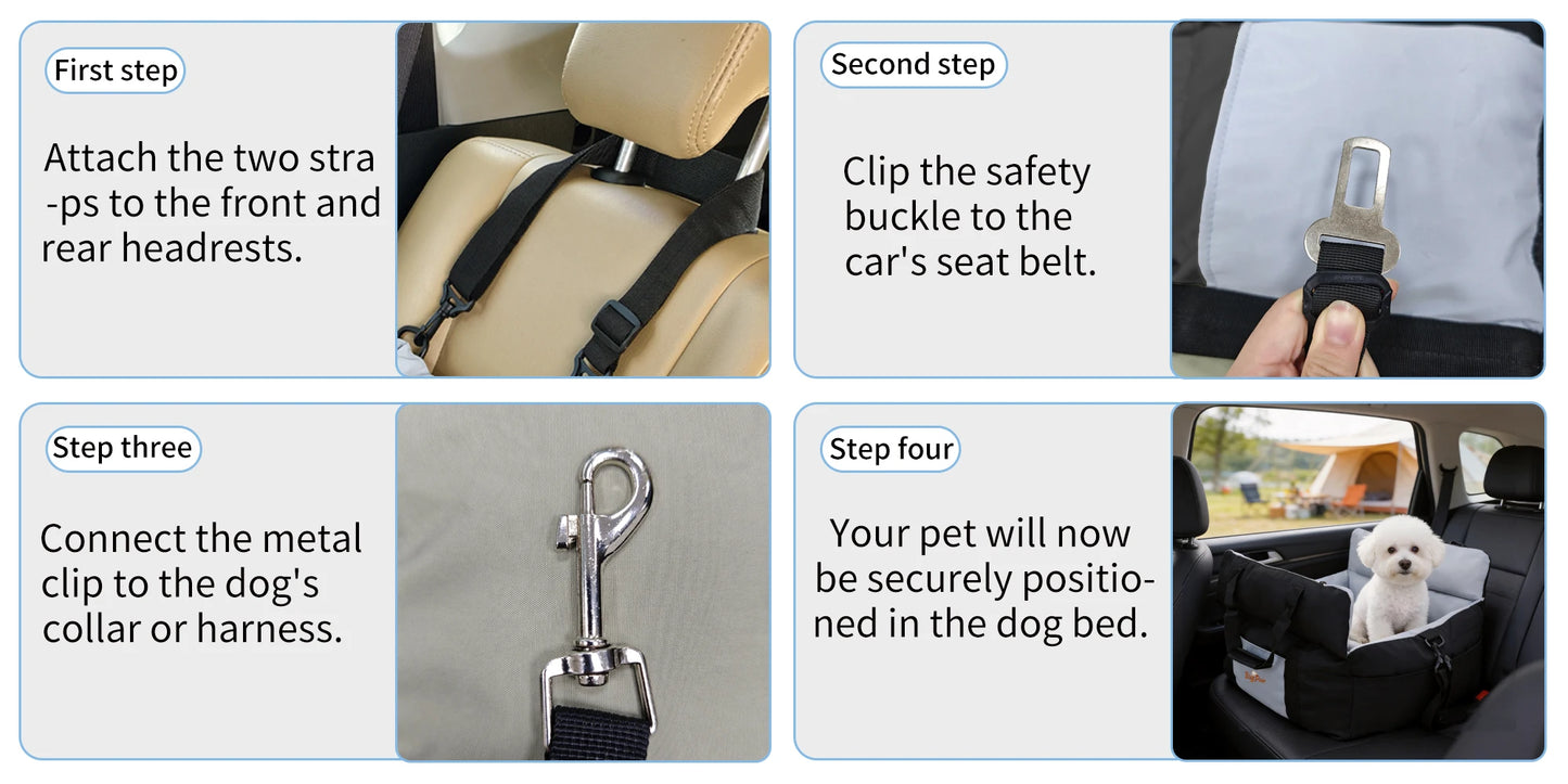 Portable Dog Car Seat Pet Dog Booster Seat Puppy Travel Carrier Bed with Safety Belt Storage Pocket Removable Washable Cover