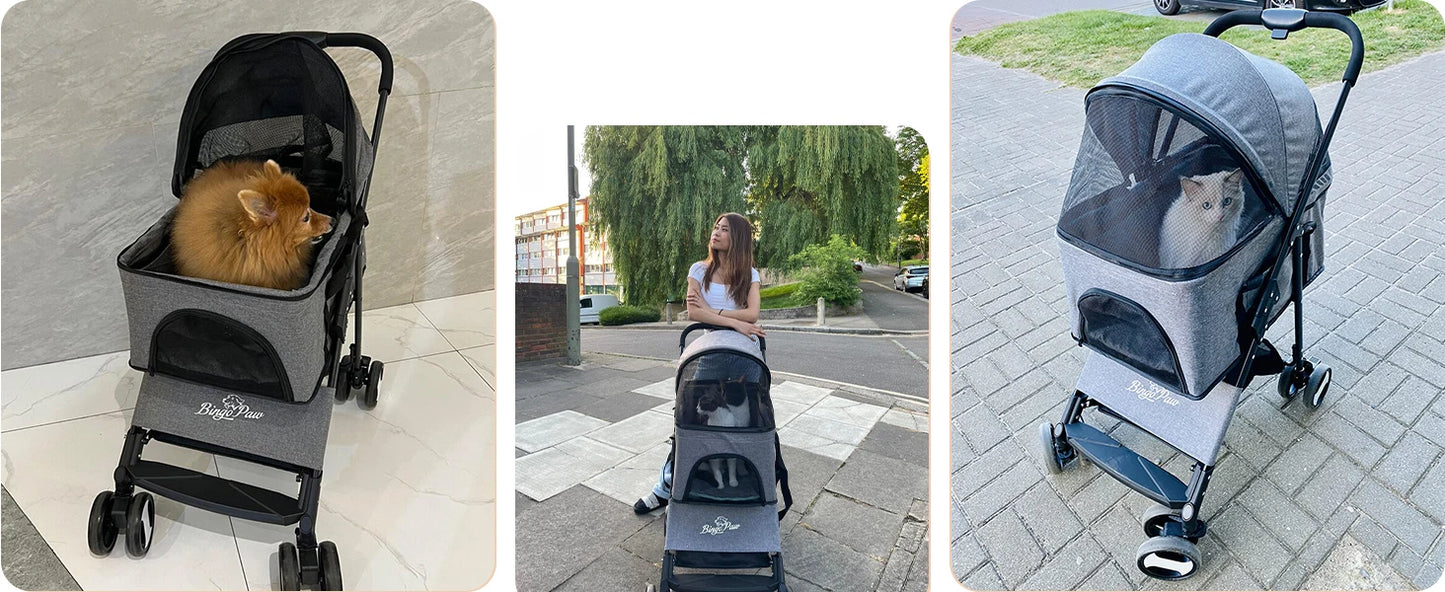 Foldable Pet Dog Stroller Carrier With 4 Wheels Rain Cover