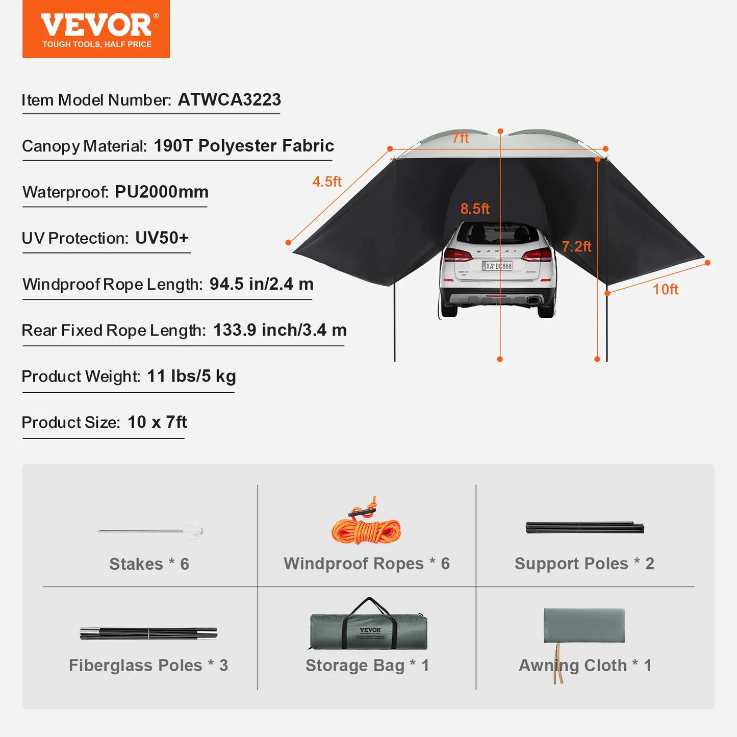 Vehicle Awning Retractable Car Side Awning With Waterproof Storage Bag