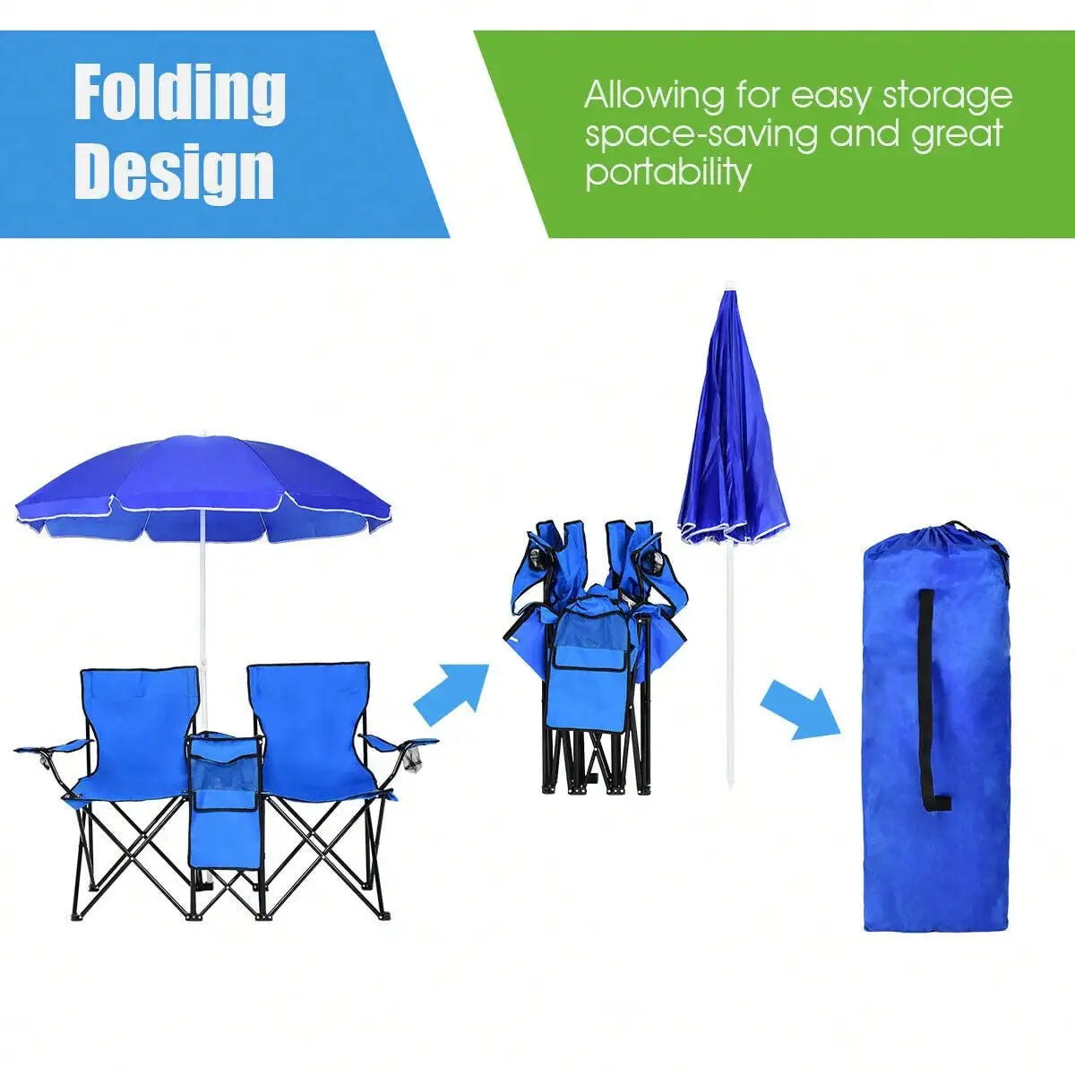 Folding Picnic Double Chair With Umbrella Table Cooler