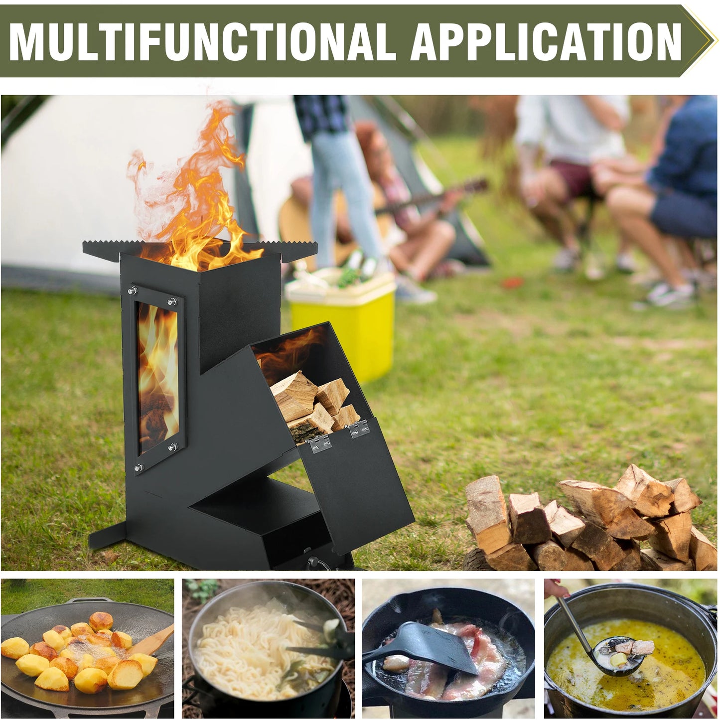 Portable Rocket Stove Glass Door Wood Burning Camp Grill
