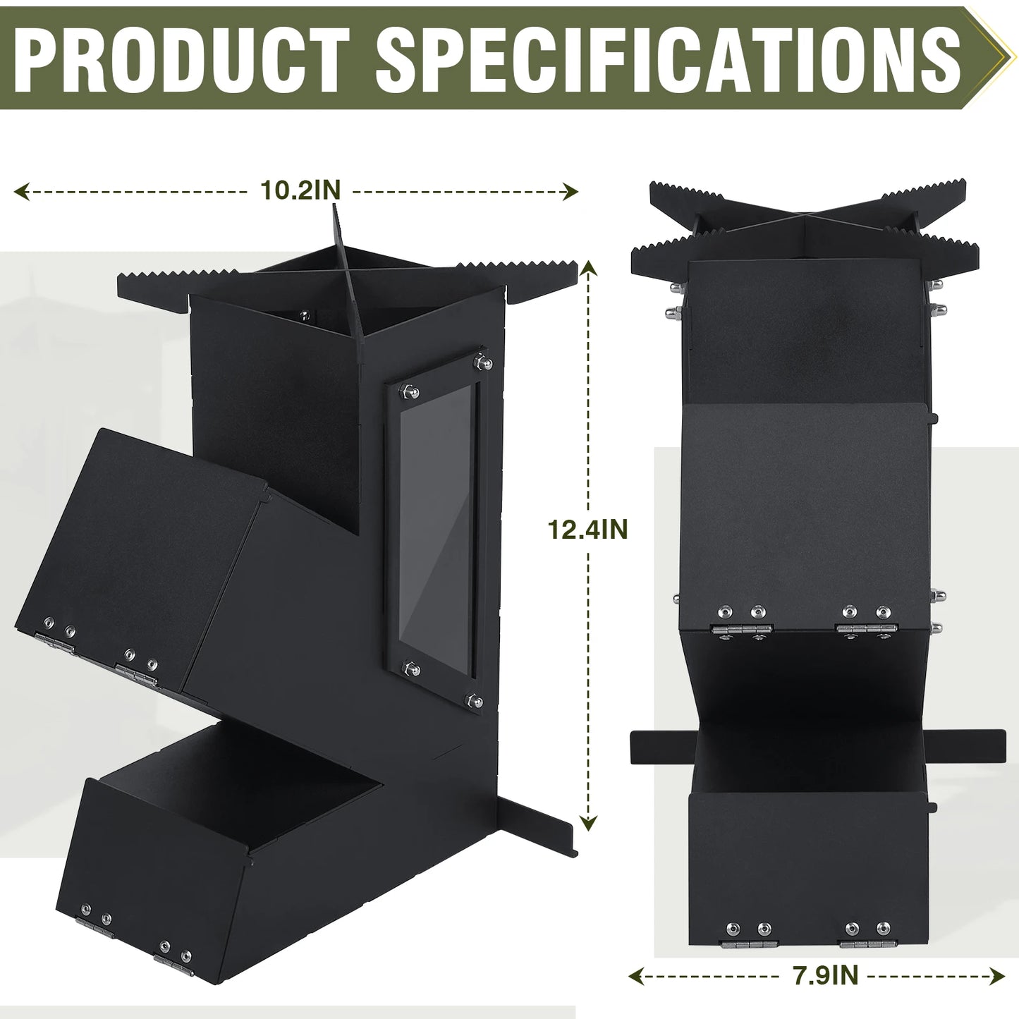 Portable Rocket Stove Glass Door Wood Burning Camp Grill