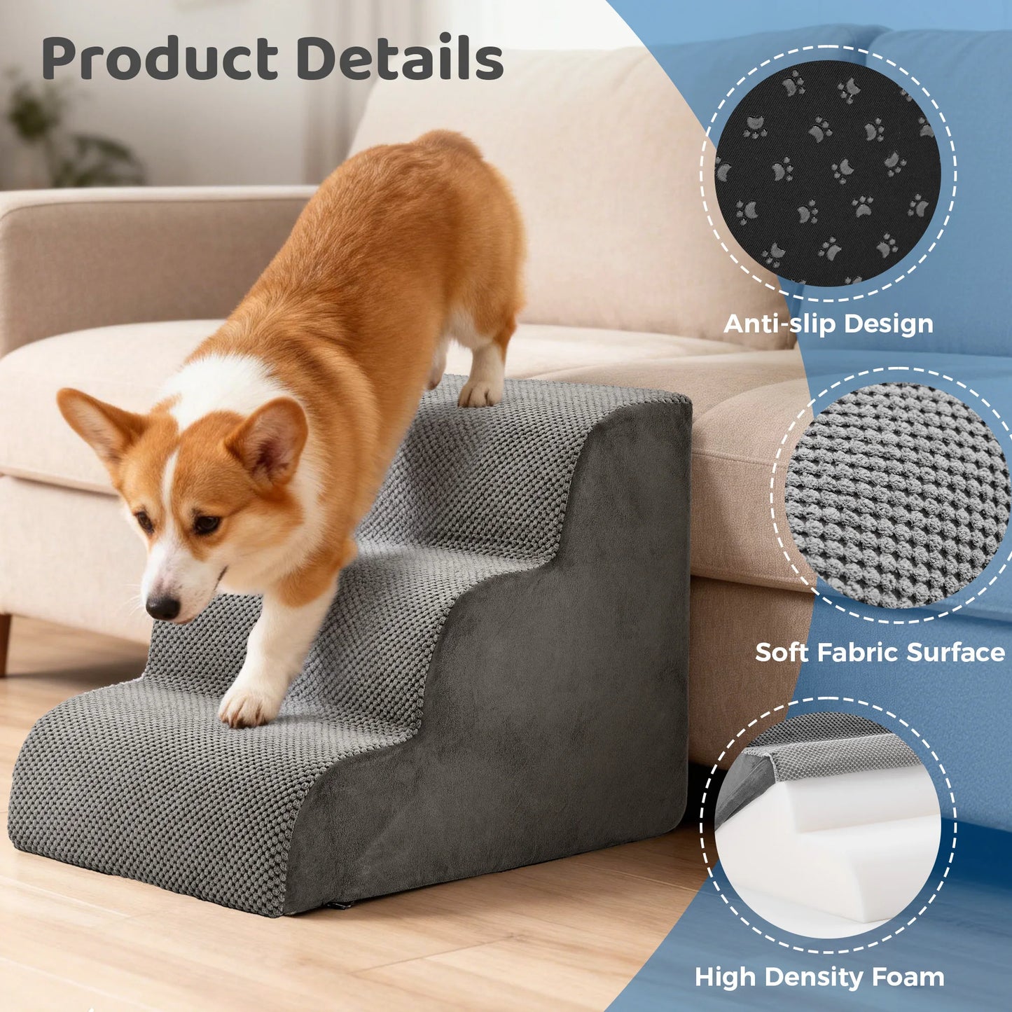 JHK 3-5 Step Foam Stairs Ramp for Small Dogs Indoor