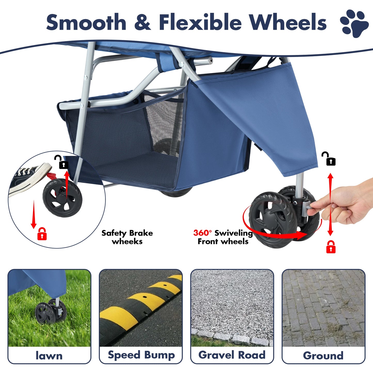 JHK 3-Wheel Foldable Pet Stroller With Mesh Windows