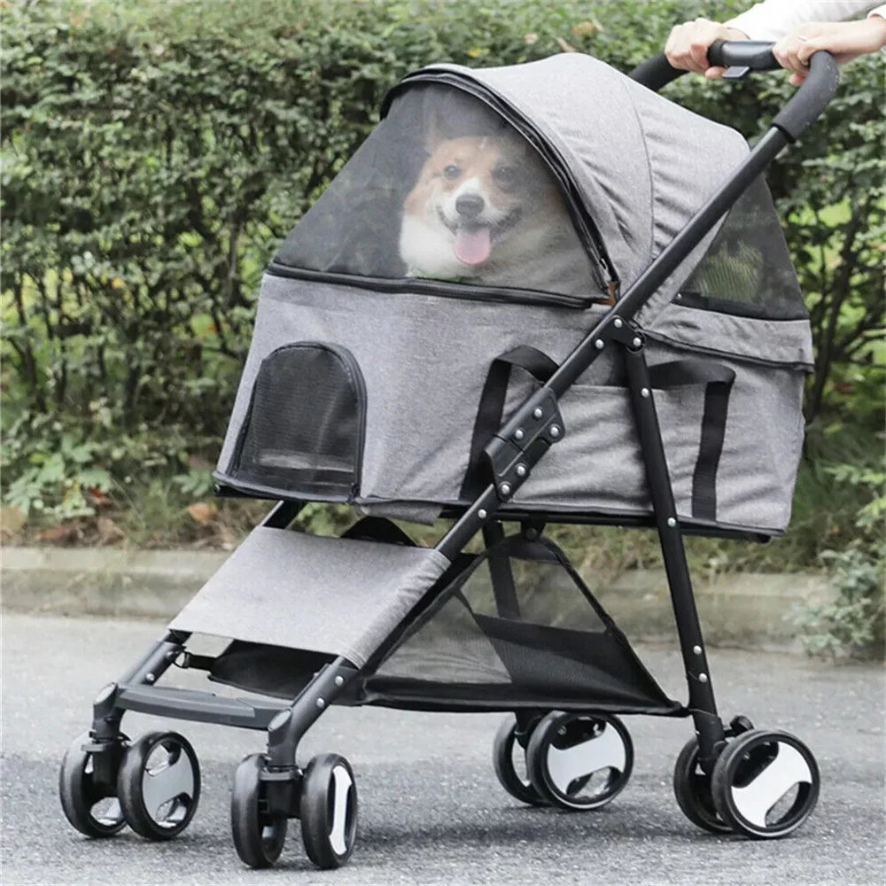 Foldable Pet Dog Stroller Carrier With 4 Wheels Rain Cover