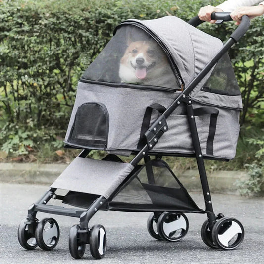 Foldable Pet Dog Stroller Carrier With 4 Wheels Rain Cover